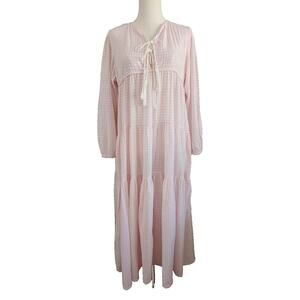 Olympia Etal Cottagecore Tiered Pink Plaid Tassel Front Maxi Dress Size Medium